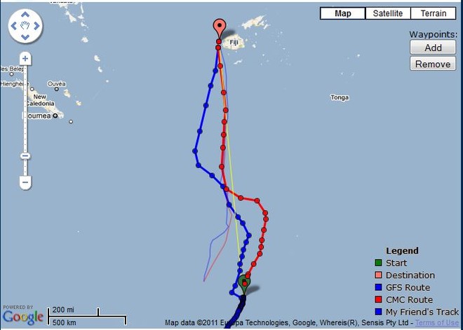 Predictwind’s route options for TeamVodafoneSailing as of 2030hrs on 6 June 2011 - Auckland Musket Cove, Fiji Race © PredictWind.com www.predictwind.com